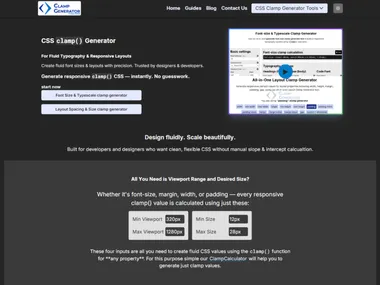 Clamp Generator website showing responsive typography and layout tools