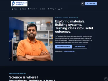 Prabakaran Shankar researcher website with laboratory portrait and research-led introduction